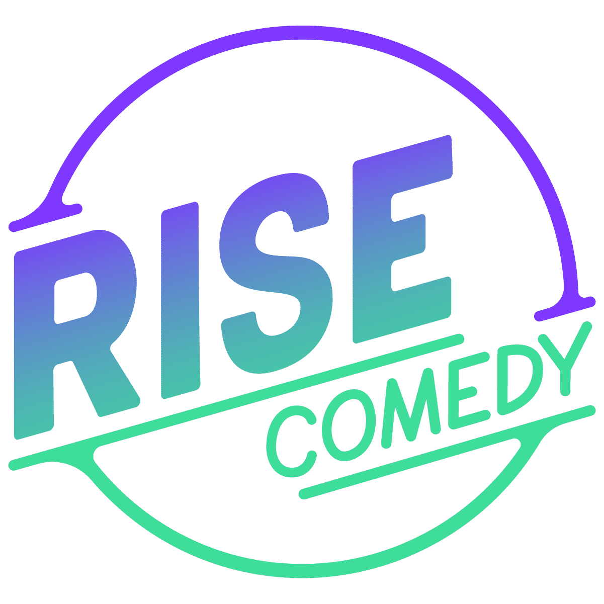 A circular logo with the word RISE in large gradient blue-green letters and COMEDY in smaller white letters below, both enclosed by a partial circular outline.