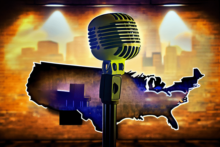A vintage-style microphone stands in the foreground, with a softly blurred Denver skyline backdrop against a map of the United States. Warm lighting and a brick wall set an ambient stage for Denver comedy shows, creating an inviting atmosphere for humor and entertainment.