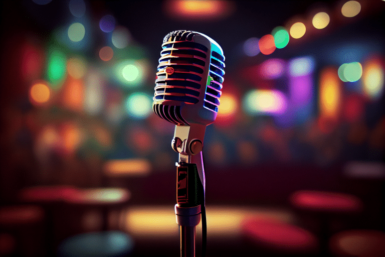 A close-up of a vintage microphone with a chrome grille stands out against a blurred backdrop of colorful, out-of-focus lights, evoking the lively vibe of Denver comedy shows in a bustling club or music venue.
