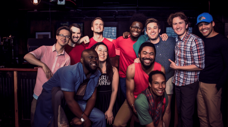 A group of ten people, casually dressed in shirts and T-shirts, smiles and poses together indoors. The dimly lit setting exudes a warm ambiance, reminiscent of the relaxed vibe after a fun evening at one of Denvers comedy shows.