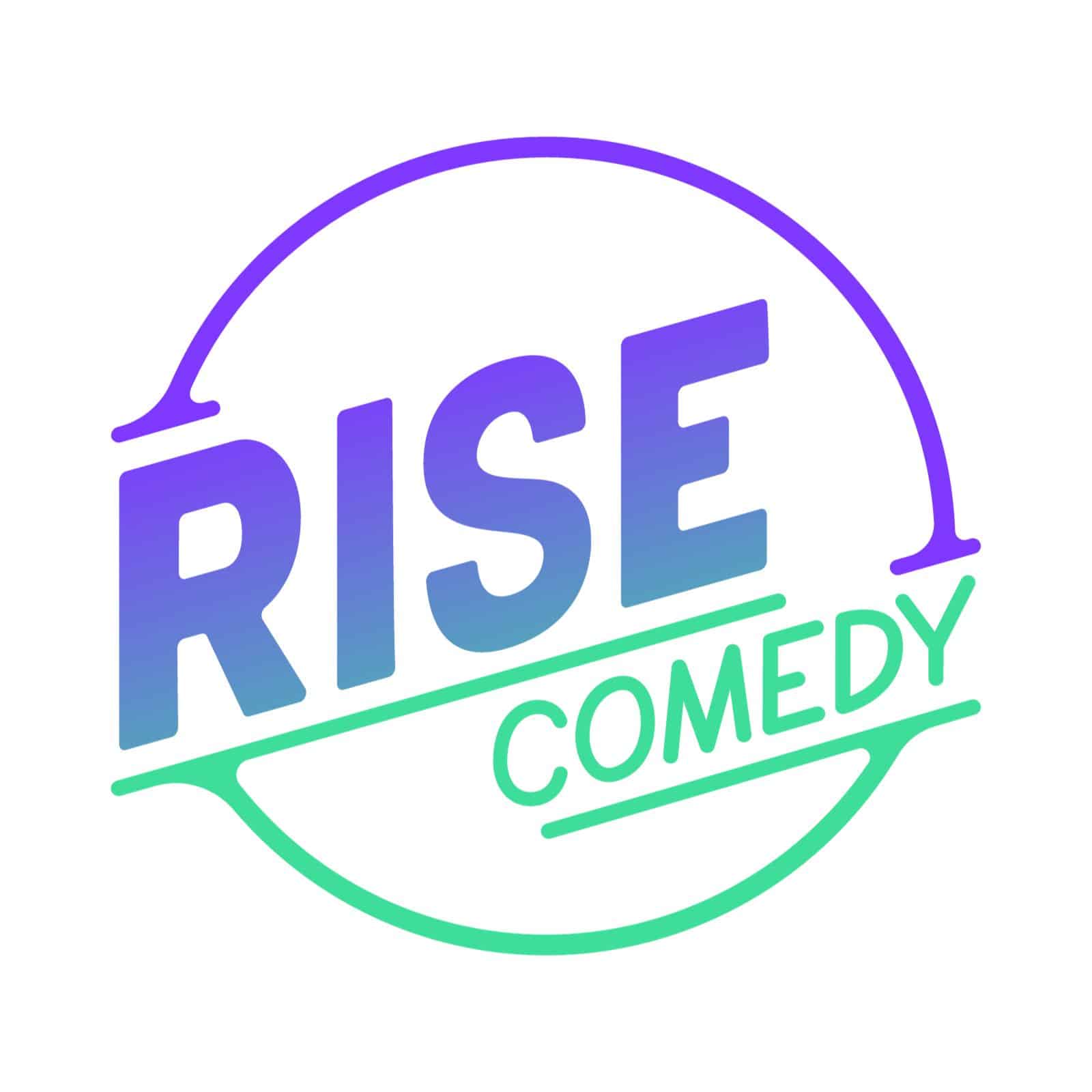 The image features a circular logo with the words RISE COMEDY in gradient colors transitioning from blue to green. The word RISE is prominent and bold, while COMEDY is smaller and placed beneath it, capturing the essence of a vibrant Denver comedy scene.