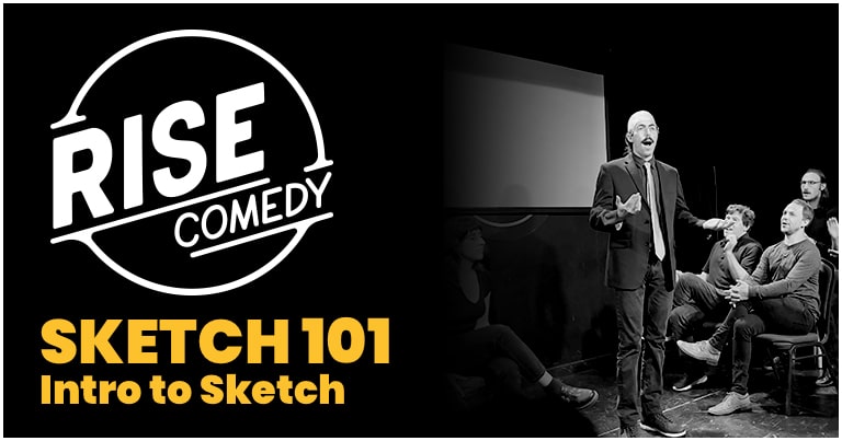 A monochrome image captures a man on stage speaking animatedly to a seated audience, with a presentation screen behind. On the left, the text reads Rise Comedy: Sketch 101 Intro to Sketch beside a circular logo, embodying the lively spirit of Denver comedy shows.