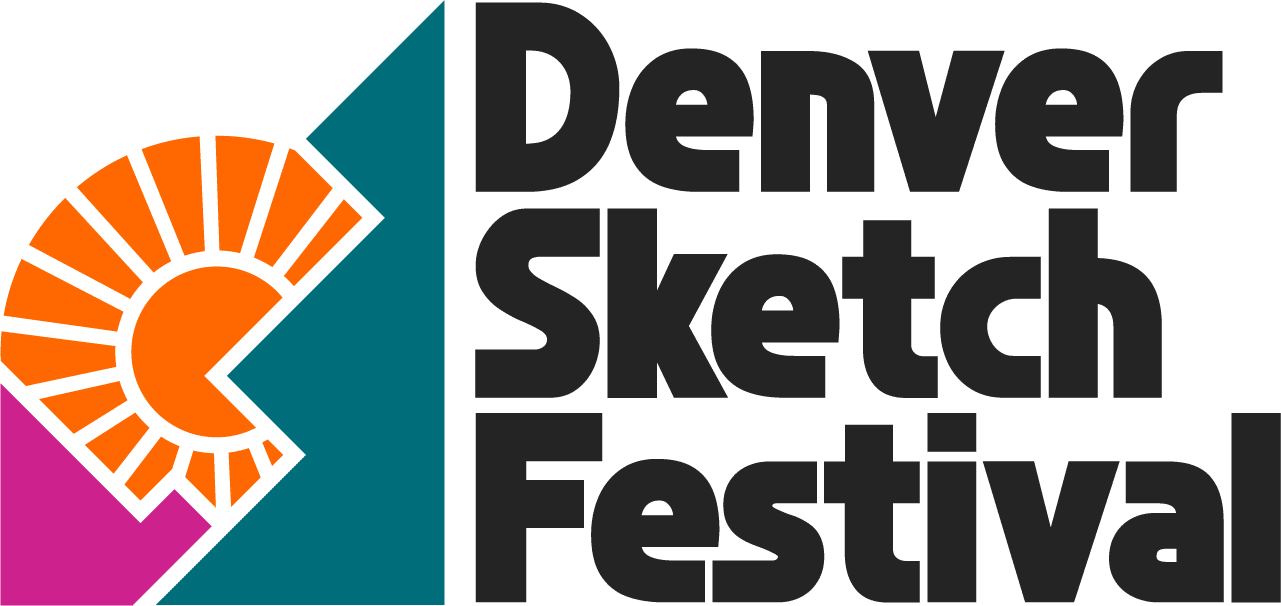 Logo for the Denver Sketch Festival featuring stylized text and a geometric design with an orange wedge, semi-circle, and pink triangle on a teal background.