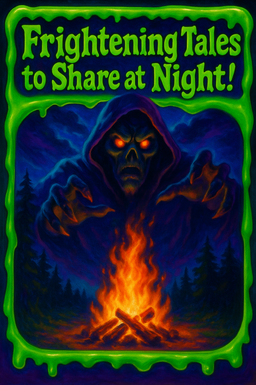 A hooded, ghostly figure with glowing eyes looms over a campfire in a dark forest. Green slime frames the image, with the text Frightening Tales to Share at Night! at the top.