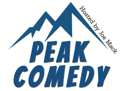 Logo with blue mountain peaks above the bold blue text PEAK COMEDY. In smaller black text along the slope of the tallest peak, it says Hosted by Joe Mack.