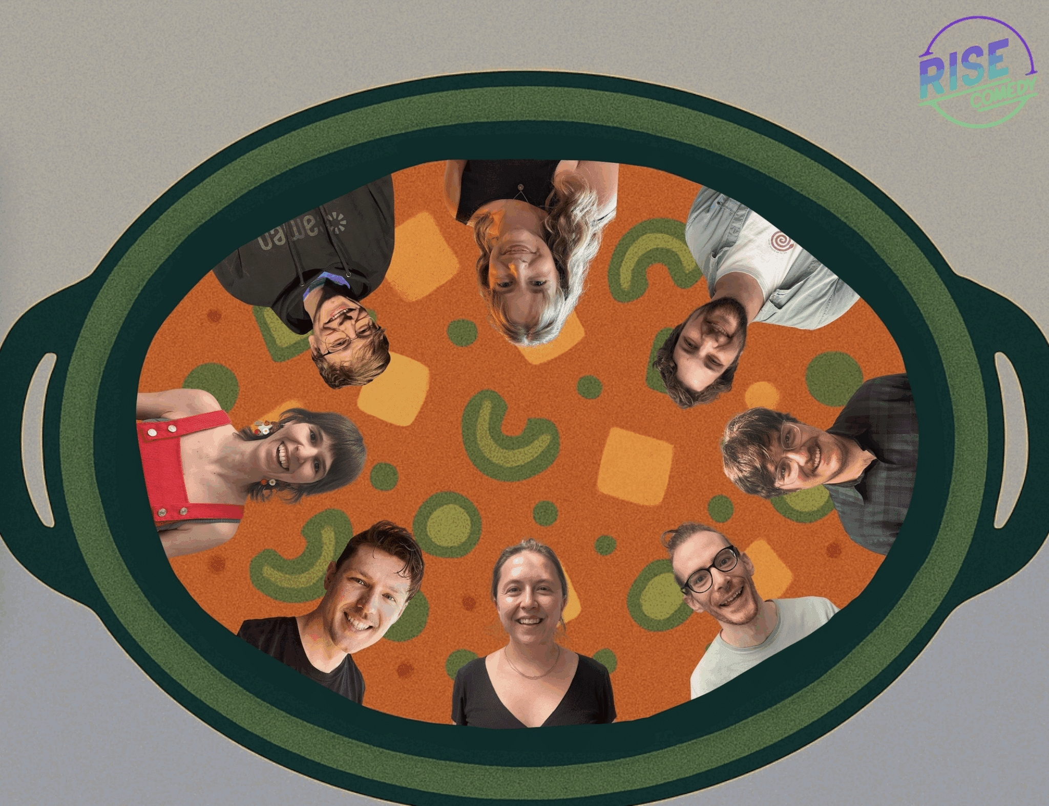 An illustrated pot seen from above, with eight smiling people’s faces arranged in a circle inside, surrounded by a patterned orange background. The “RISE” logo appears in the top right corner.