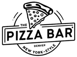 Black and white logo for The Pizza Bar featuring a slice of pizza above the name. Text below reads Denver and New York-Style in a circular design.