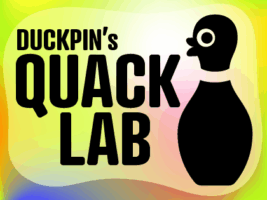 Text reads DUCKPINs QUACK LAB next to a black silhouette of a bowling pin with a duck-like head, on a colorful gradient background.