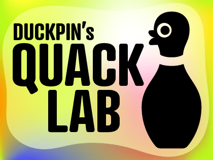 Text reads DUCKPINs QUACK LAB next to a black silhouette of a bowling pin with a duck-like head, on a colorful gradient background.