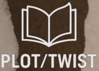 An open book icon is centered above the bold, capitalized text PLOT/TWIST on a brown and beige textured background.