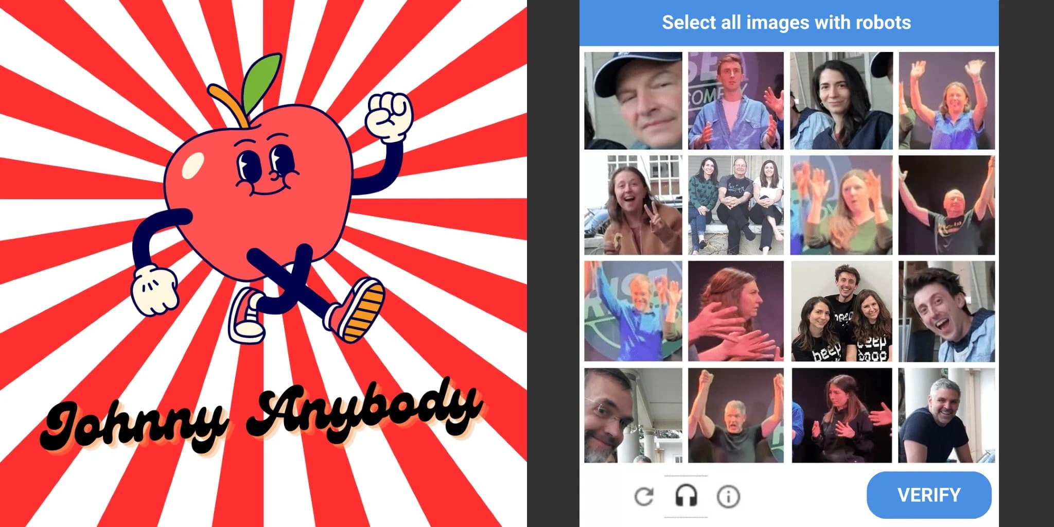A cartoon apple with arms and legs is on a red and white sunburst background, labeled “Johnny Anybody.” Next to it is a photo grid CAPTCHA test asking to select all images with robots.