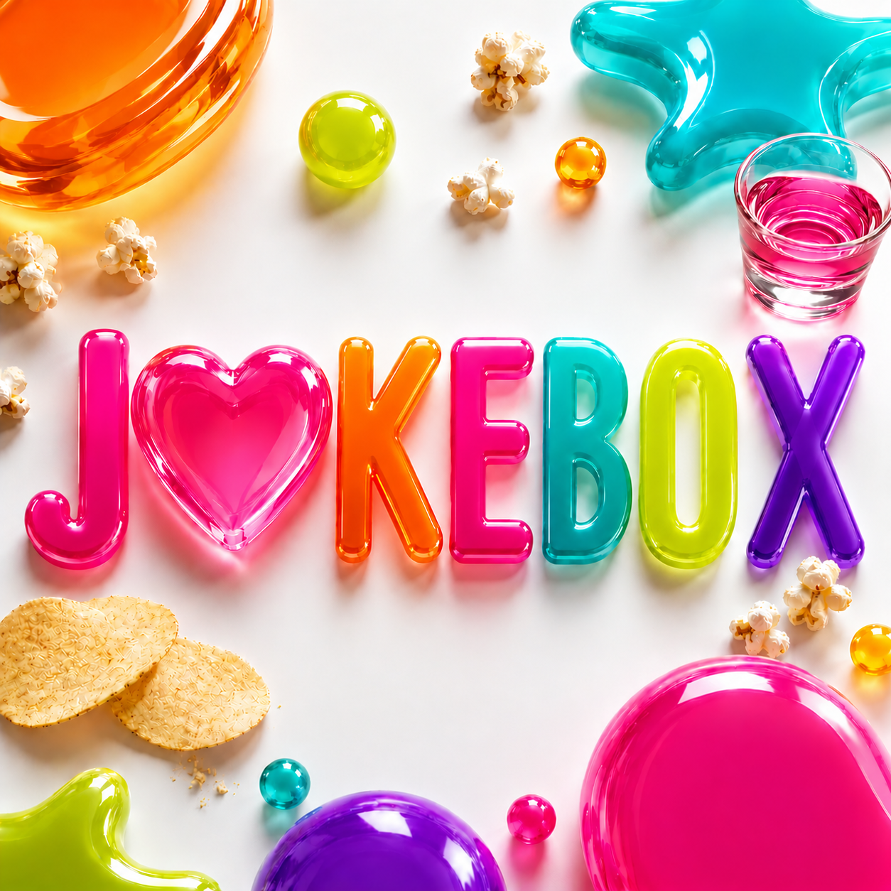 Colorful letters spelling JUKEBOX with a heart shape for the U, surrounded by popcorn, snack chips, drinks, and vibrant plastic shapes on a white background.