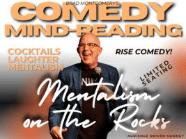 A bald man with glasses, holding a microphone and smiling, stands in front of text promoting Comedy Mind-Reading and Mentalism on the Rocks with themes of cocktails, laughter, mentalism, and limited seating.