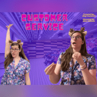 Two women wearing antler headbands and floral dresses gesture expressively in front of a lecture hall audience, with the words Customer Service in bold pink text above. Credits are in the top right corner on a purple background.
