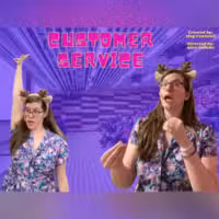 Two women wearing antler headbands and floral dresses gesture expressively in front of a lecture hall audience, with the words Customer Service in bold pink text above. Credits are in the top right corner on a purple background.