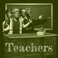 Four people dressed as teachers stand in front of a chalkboard and desk with books and an apple. The word “Teachers” is displayed prominently at the bottom of the image.