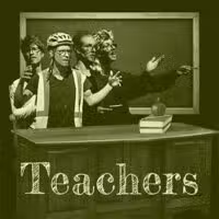 Four people dressed as teachers stand in front of a chalkboard and desk with books and an apple. The word “Teachers” is displayed prominently at the bottom of the image.