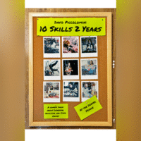 A corkboard displays twelve Polaroid photos, a yellow note reading David Piccolomini 10 Skills 2 Years, and smaller notes saying A comedy show about learning, addiction, and video games and At the Denver Fringe.