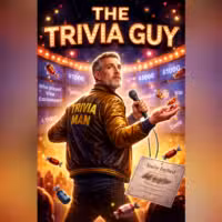 A man in a gold Trivia Man jacket stands on stage with a microphone, surrounded by floating candies and dollar amounts. The marquee reads The Trivia Guy. An invitation card appears in the foreground.