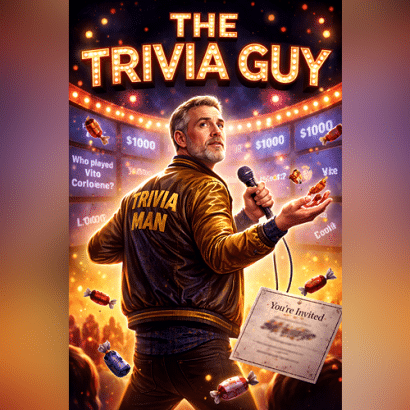 A man in a gold Trivia Man jacket stands on stage with a microphone, surrounded by floating candies and dollar amounts. The marquee reads The Trivia Guy. An invitation card appears in the foreground.