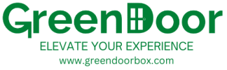 Logo of Green Door in green text with the slogan ELEVATE YOUR EXPERIENCE below, followed by the website www.greendoorbox.com.