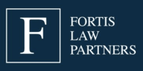 White capital F in a square on a dark blue background, next to the words Fortis Law Partners stacked vertically in white, modern serif font.